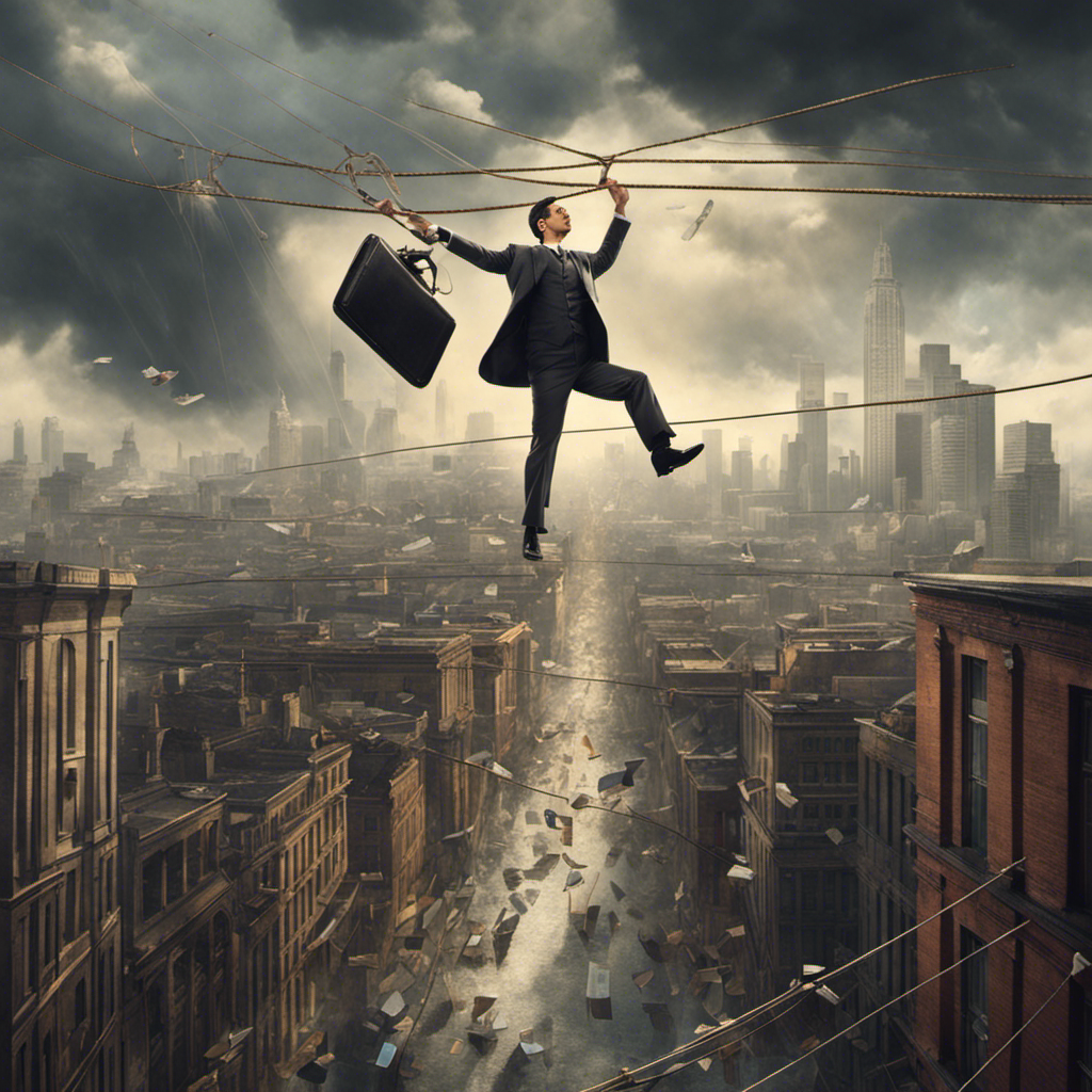 Rope walker balancing on a wire over a cityscape, carrying a briefcase full of dollar bills, with falling papers and storm clouds gathering in the sky