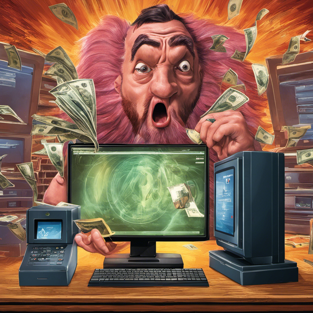 An image featuring a shocked employee looking at a computer screen displaying an exaggerated, overflowing digital wallet due to a payroll error