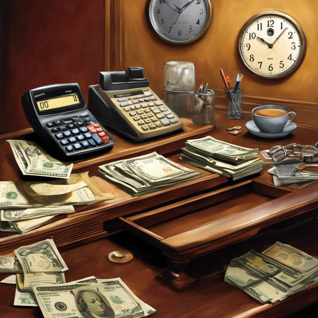 An image featuring a desk with a calculator, paycheck, calendar, clock, and employee ID, symbolizing vital elements needed for payroll