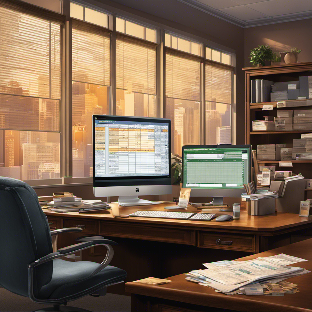  a corporate office scene with a desk, a computer screen showing a spreadsheet, an employee receiving a paycheck, and a calendar marked with payday