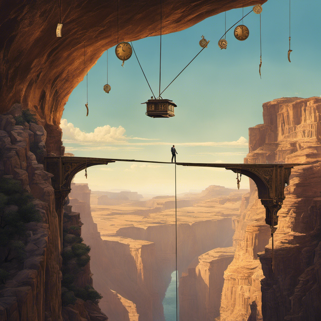 W tightrope over a canyon, with dollar bills floating in the abyss below, and a person balancing a large clock and a stack of paperwork while trying to cross