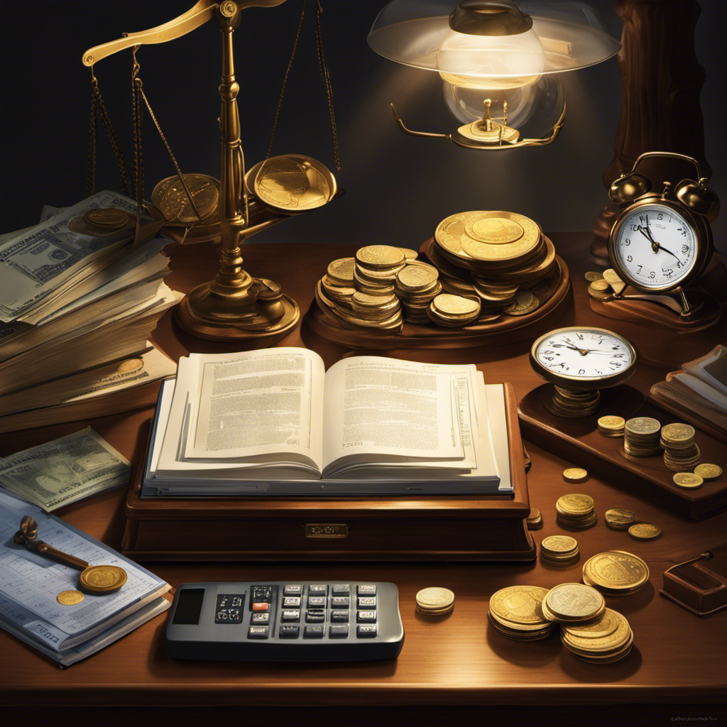 Anized desk with a calculator, a clock, stacks of coins, a calendar, and a balance scale, under a spotlight, symbolizing precision and financial balance