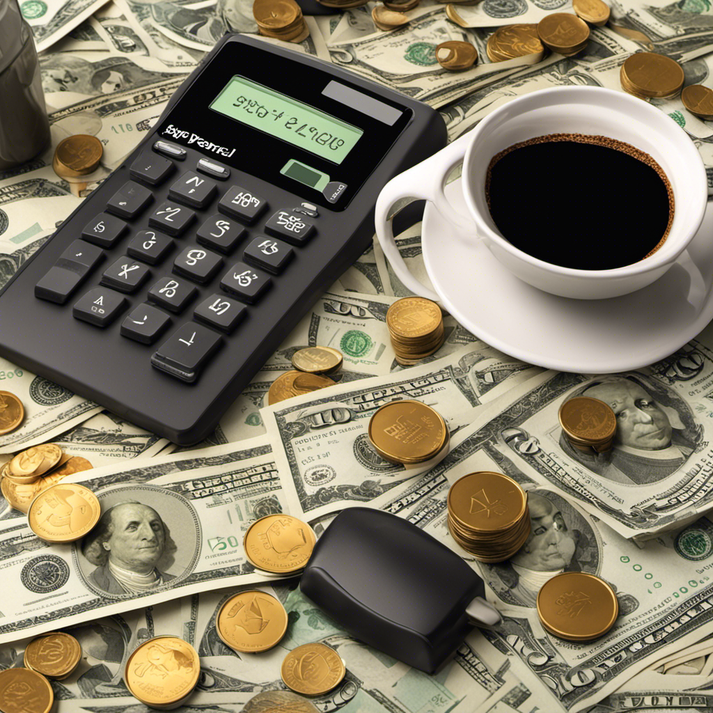 An image featuring a computer screen displaying a payroll processing software interface, surrounded by scattered paper money and coins, with a calculator and coffee mug nearby