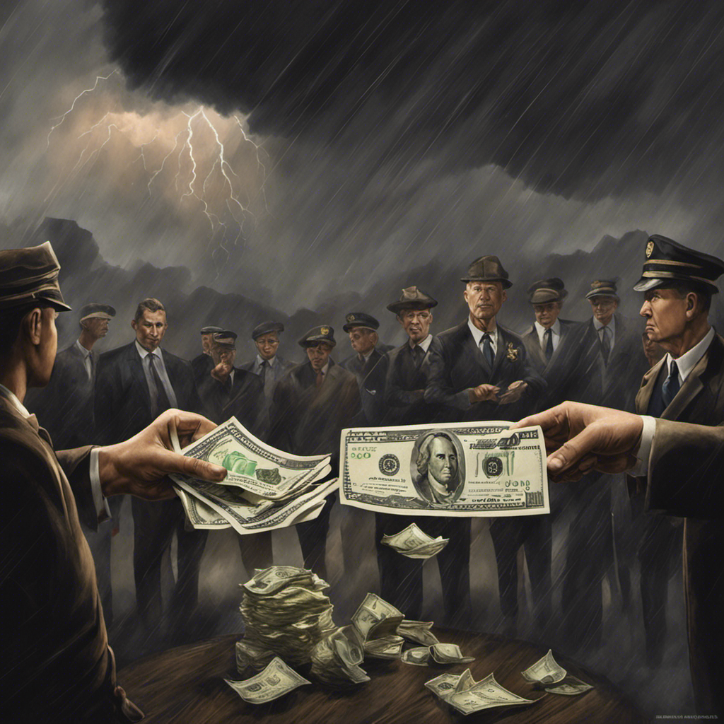 E of a hand passing crumpled cash to another, while a line of disgruntled employees wait, with a dark storm cloud overhead symbolizing a gloomy atmosphere