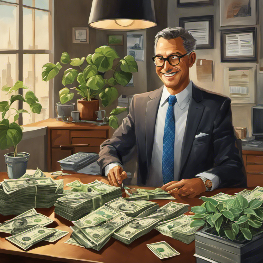 Of a happy, professional accountant at a desk, counting money and surrounded by payroll reports, a growing money plant and a bright, inviting office setting