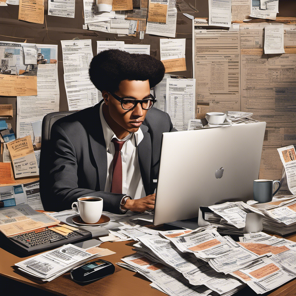 Desk cluttered with receipts, tax forms, and coffee cups, a computer screen displaying payroll software, and a stressed person with their head in hands