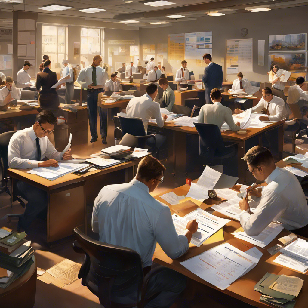 An image depicting a busy office scene with employees diligently filling out W2 and 1099 forms, surrounded by calendars marked with looming deadlines