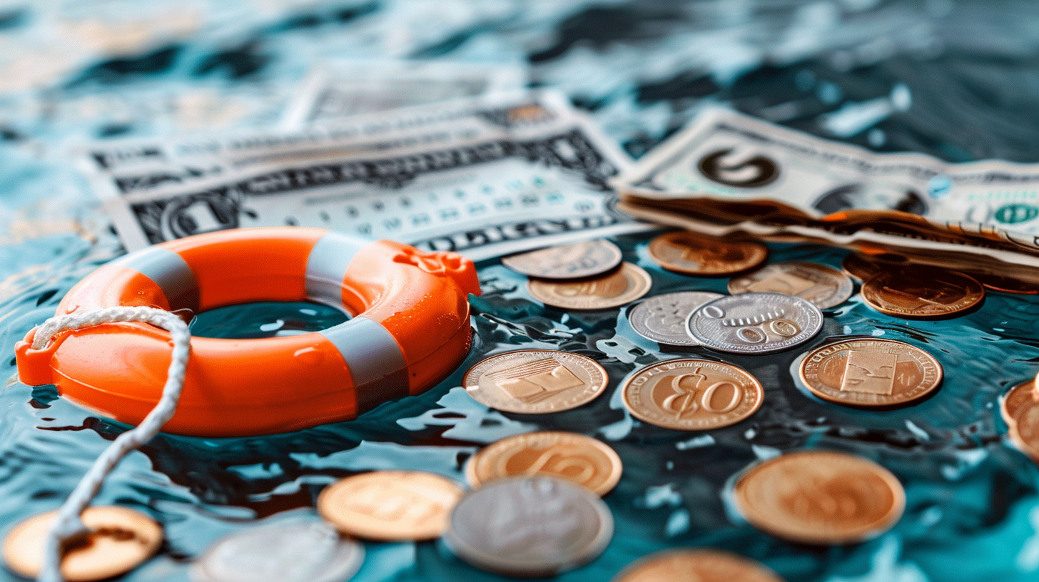 Image of a life preserver floating next to dollars and pennies