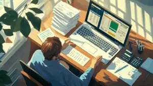 An image showing A business owner sits at a polished wooden desk, fingertips hovering between two color-coded calendars showing weekly and bi-weekly schedules. Stacks of neatly organized pay stubs fan out beside a sleek laptop displaying payroll software. Natural light streams through office windows, illuminating a small whiteboard with hand-drawn payment cycles and a calculator nearby.