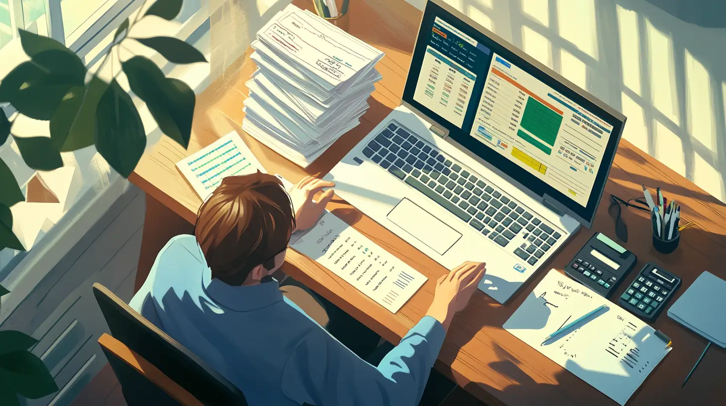 An image showing A business owner sits at a polished wooden desk, fingertips hovering between two color-coded calendars showing weekly and bi-weekly schedules. Stacks of neatly organized pay stubs fan out beside a sleek laptop displaying payroll software. Natural light streams through office windows, illuminating a small whiteboard with hand-drawn payment cycles and a calculator nearby.